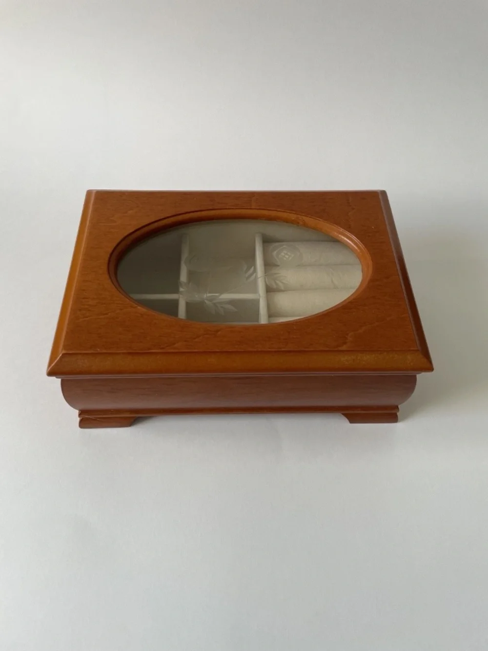 Vintage Small Wood Jewelry Box Glass Lid Etched Flower Design Trinket Box
